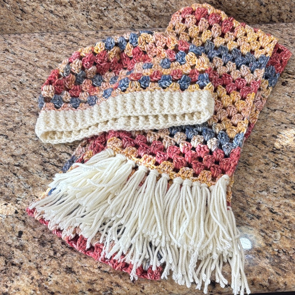 Handmade Colorful Crochet fringe Scarf and Hat Set warm cozy cabin core
